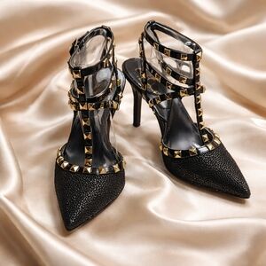 BCBG Paris Black Studded T-Strap Pointed Toe Heels